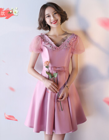 伴娘服短款粉色 姐妹团显瘦毕业晚礼服伴娘礼服结婚夏