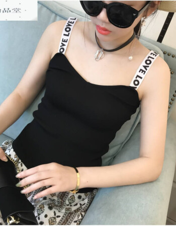 夏季新款v领字母肩带针织小吊带背心女韩版外穿短款紧身打底衫潮 黑色