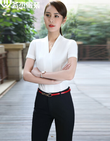 务杰 职业装衬衫女白色短袖2018新款v领熟女性感薄衬衣ol通勤工服 白