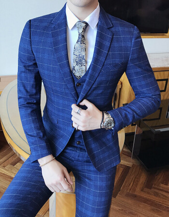 新款韩版修身西服套装男发型师英伦结婚伴郎格子西装三件套潮 藏蓝色