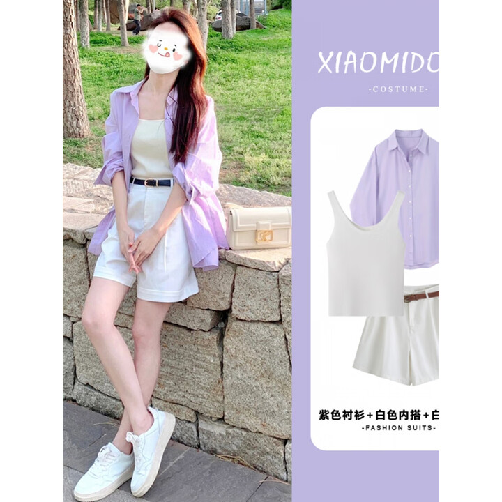 妍莉芬(yanlifen)夏季女装2025夏装茶系穿搭衣服一整套装女减龄网红防晒衬衫裙子 亮紫防晒衬衫+白色内搭+白色短裤 L 【100-120斤】