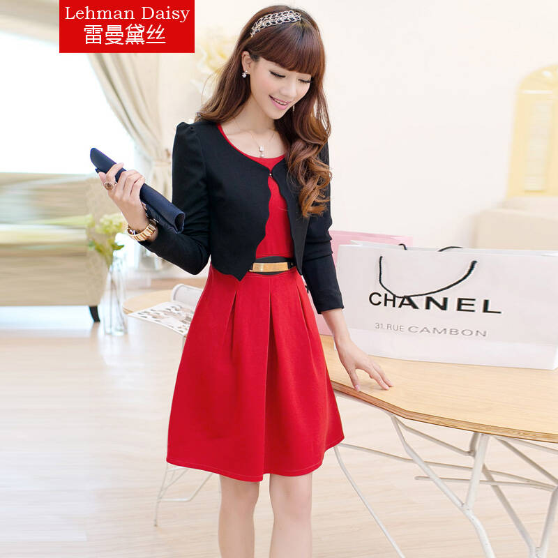 雷曼黛丝 2014秋装新款女<em>针织</em>长袖<em>连衣裙</em> 两件