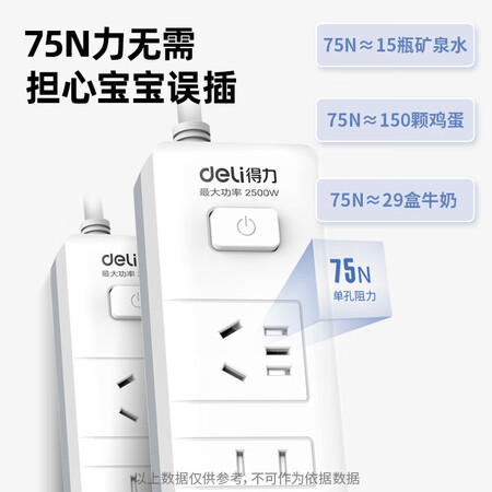 得力（deli）新國(guó)標(biāo)安全插座插排/插線板/接線板/排插/拖線板總控開關(guān)兒童保護(hù)門4組合孔2米18253(02)