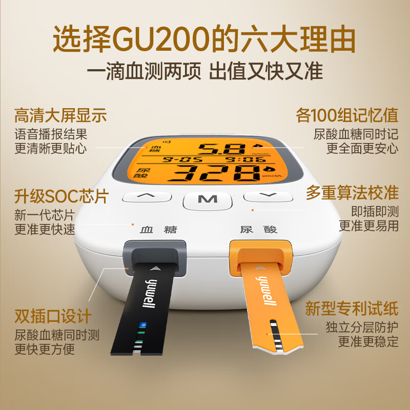 鱼跃GU200(50尿酸+50血糖)血糖仪图片
