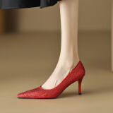 CATAFED红色高跟鞋女浅口高跟单鞋尖头性感细跟女鞋大码定做模特走秀船鞋 红色 36