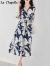 拉夏贝尔（La Chapelle）女装 连衣裙2023新款女时尚显瘦V领优雅印花气质中长裙收腰简约裙 藏青色 XL