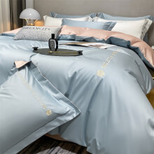 南极人（Nanjiren）床上四件套纯色水洗棉刺绣裸睡床单被套床品套件双人家用宿舍 华芙-天空蓝 1.8m床单款四件套-被套2.0x2.3米