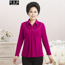 百合辰 中老年女装秋装长袖T恤中年女装打底衫