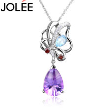 JOLEE项链S925银天然紫水晶吊坠简约彩色宝石小清新锁骨链饰品送女生轻奢礼物