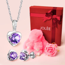 JOLEE 项链 红色礼盒 心形蝴蝶结套装天然紫水晶彩色宝石盒装饰品送女生礼物