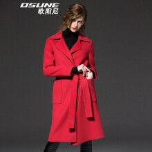 欧阳尼（OSUNE）2017冬季新款欧美中长款毛呢大衣女系带修身羊毛外套 红色 M