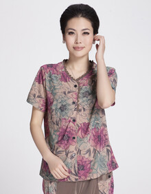 青牧绒 WZJ-909新款中<em>老年女夏装短袖开衫</em>T恤