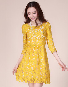 <em>红蜻蜓女装</em>2013春装新款蕾丝黄色连衣裙韩版