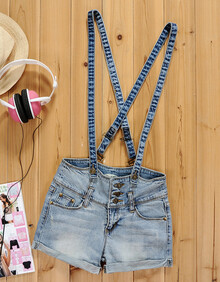 女装新款 韩式洗水<em>牛仔</em>裤 <em>高腰</em>排扣<em>背带</em>裤 女装