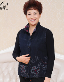 粉色季 <em>中老年</em>女<em>秋装马甲</em>背心牛仔绣花棉<em>马夹</em>