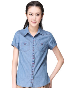 <em>真维斯</em> 2014<em>夏装</em>新款<em>女装</em>全棉牛仔短袖衬衫JW