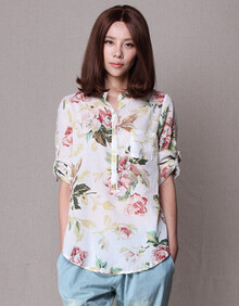 初念 <em>2013</em>新款夏装女装衬衣 印花中袖纯棉<em>女士</em>