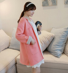 韩国代购气质<em>双面</em>糖果色中长款<em>针织</em>长袖<em>开衫</em>毛