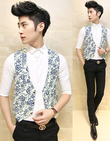 经毅2014新款韩版修身男士复古<em>印花</em>花系<em>马甲</em>