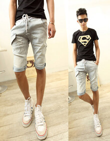 惜蜜袅2014潮男松紧腰<em>牛仔短裤男</em>修身<em>哈伦</em>裤