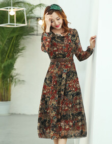 蕾朵洣娅2014<em>春季</em>新款<em>女装长袖</em>雪纺连衣长裙