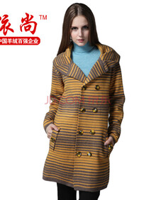 依尚 女式 <em>羊绒</em>衫 黄色条纹双排纽扣大衣<em>长款开</em>