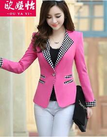 【货到付款】欧娅怡韩版<em>春季</em>女格子<em>小西装</em>女士