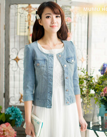 木木家 修身单排扣<em>圆领短外套</em> 七分袖<em>牛仔</em>衣女