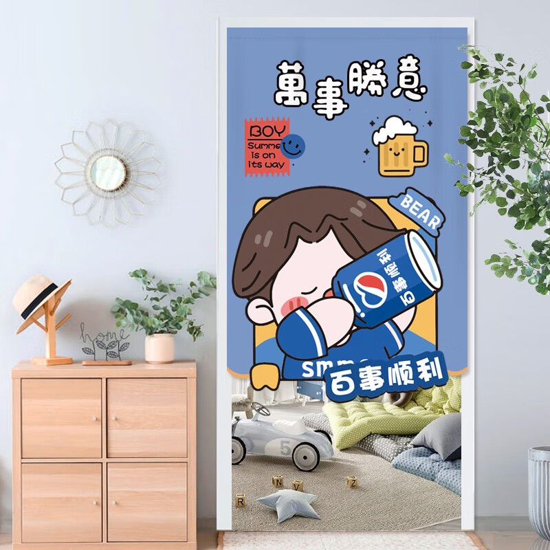 一朵（YIDUO）免打孔门帘布艺印花卧室短帘防蚊遮隐私魔术贴厨房隔断 雕刻边+万事胜意（两用帘头） 100*150（带魔术贴不带杆）