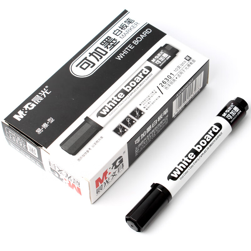 晨光（M&G）白板笔 水性可擦白板笔 AWM26301 白板书写笔 可加墨白板笔单头 1盒10支装黑色