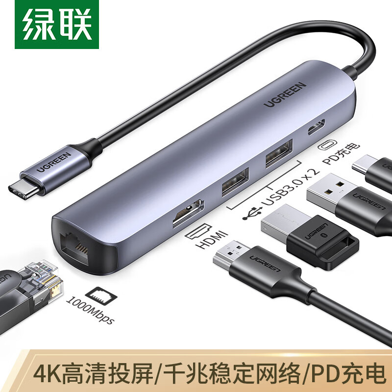 绿联 Type-C扩展坞 USB-C转HDMI转接头千兆网口网线转换器 适用苹果MacBo
