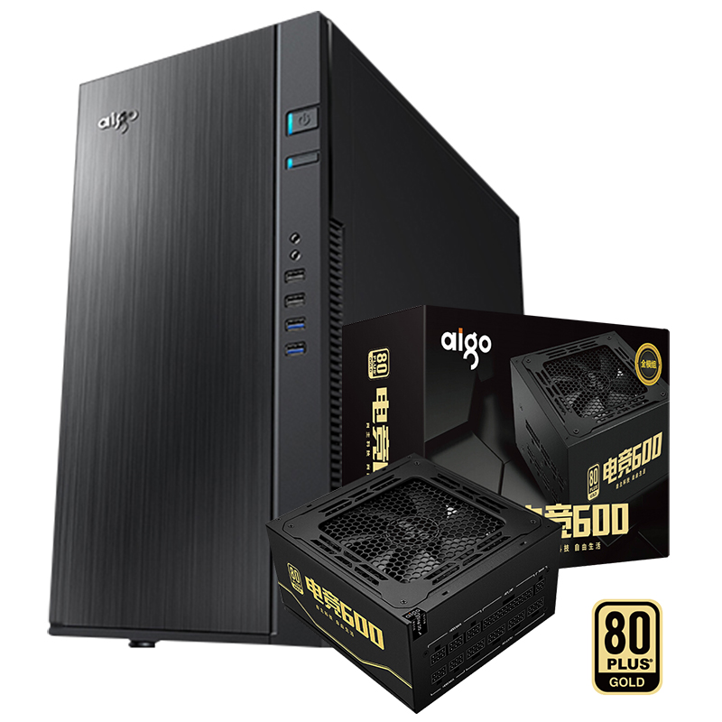 爱国者（aigo） 黑曼巴 黑色 主动式静音机箱+爱国者（aigo）额定600W 电竞600全模组台式机电脑电源