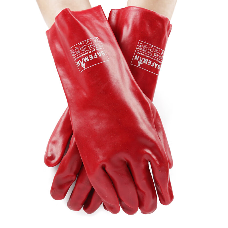 SAFEMAN君御 7935 红PVC手套35CM 耐酸碱防化耐磨手套 全浸塑植棉衬里防化