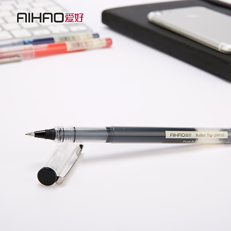 爱好（AIHAO）中性笔0.5mm直液式走珠签字笔水性笔 20010 黑色12支每盒（5盒装）