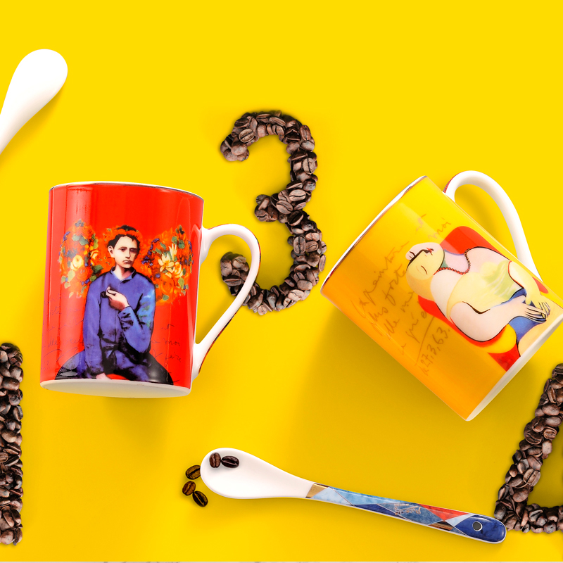 【瀚海如艺】毕加索艺术情侣杯创意家居马克杯精细瓷水杯双杯套装带勺子 红色+黄色对杯
