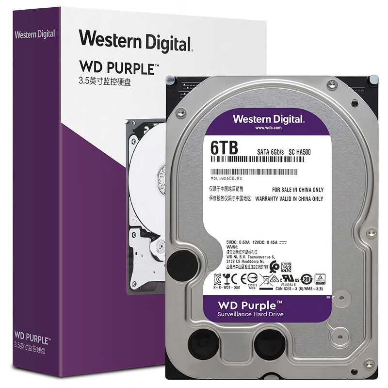 西部数据(WD)紫盘 6TB SATA6Gb/s 64M 监控硬盘(WD60EJRX)（企
