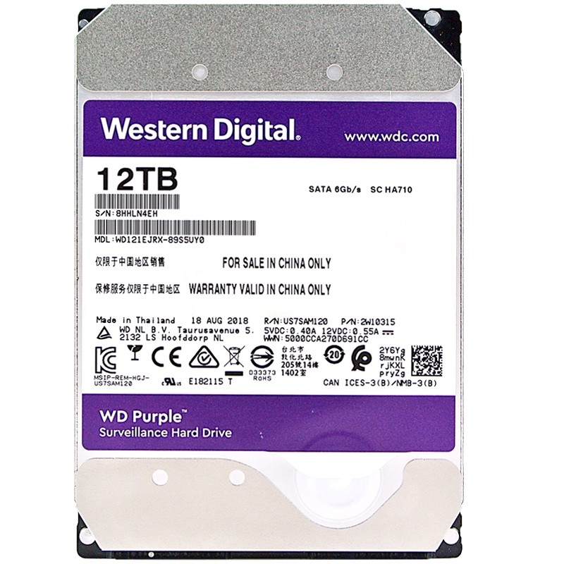 西部数据(WD)紫盘 12TB SATA6Gb/s 256M 监控硬盘(WD121EJRX)（企业优选 五年质保）