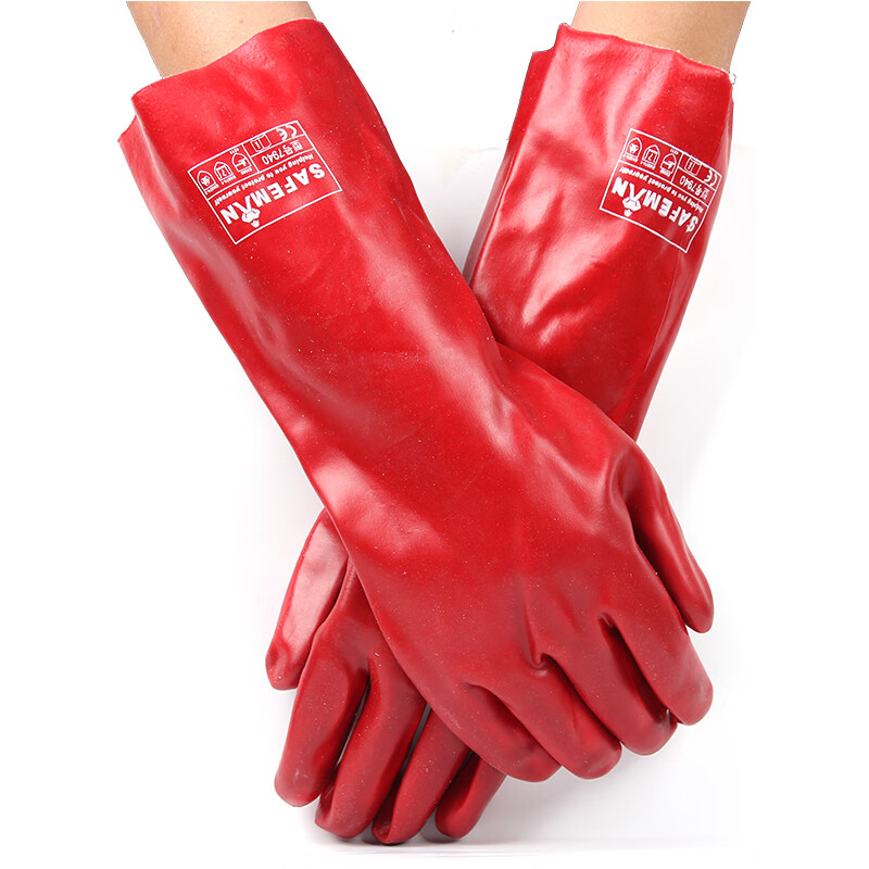 SAFEMAN君御 7940 红PVC手套40CM 耐酸碱防化耐磨手套 全浸塑植棉衬里防化