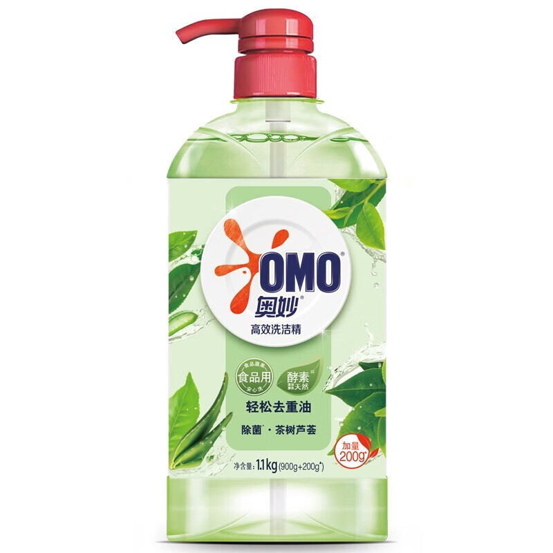 奥妙（OMO）高效去油洗洁精 果蔬餐具净 去农残去油型 茶树芦荟1.1kg*12瓶