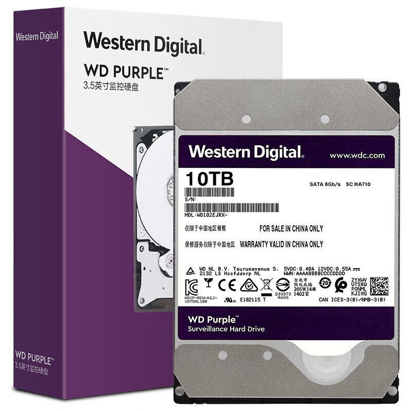 西部数据(Western Digital)紫盘 10TB SATA6Gb/s 256M 监控硬盘(WD102EJRX)（企业优选 五年质保）