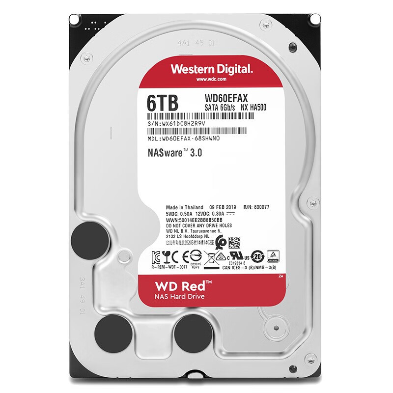西部数据(Western Digital)红盘 6TB SATA6Gb/s 256M 网络储存(NAS)硬盘(WD60EFAX)（五年质保）