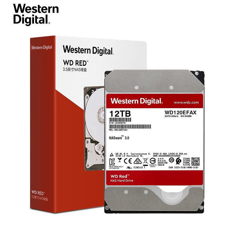 西部数据(Western Digital)红盘 12TB SATA6Gb/s 256M 网络储存(NAS)硬盘(WD120EFAX)（五年质保）