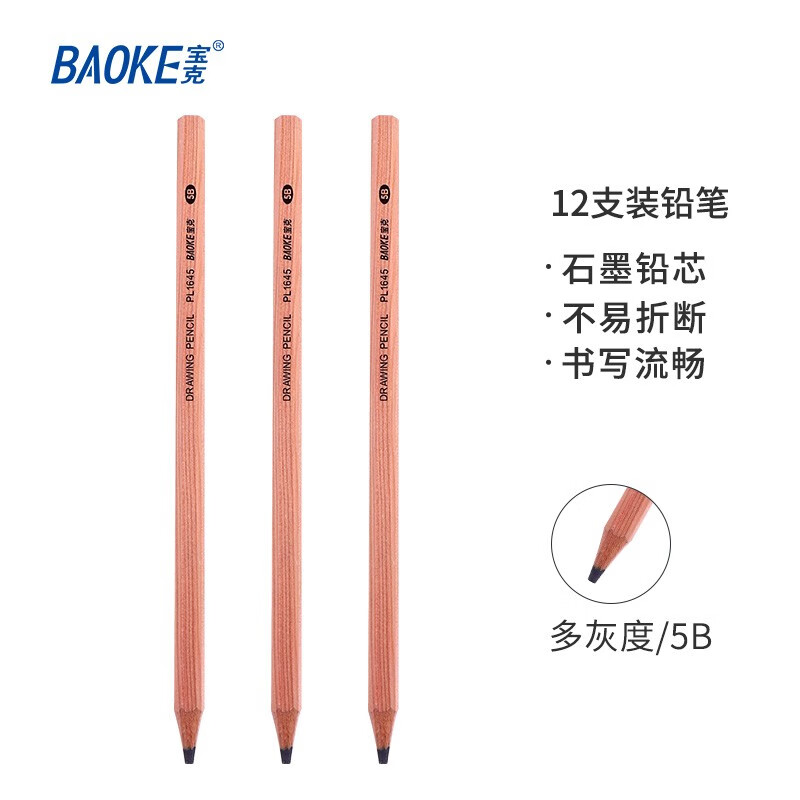 宝克（BAOKE）PL1645 绘图铅笔学生铅笔 美术绘画素描铅笔 多灰度 5B 12支【5盒装】