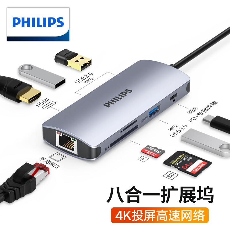 飞利浦Type-C扩展坞 USB-C转HDMI雷电3/4拓展坞网口转接头分线器