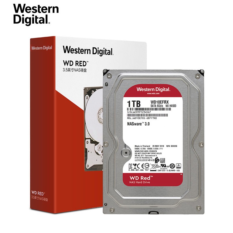 西部数据(WD)红盘 1TB SATA6Gb/s 64M 网络储存(NAS)硬盘(WD10EFRX)（五年质保）