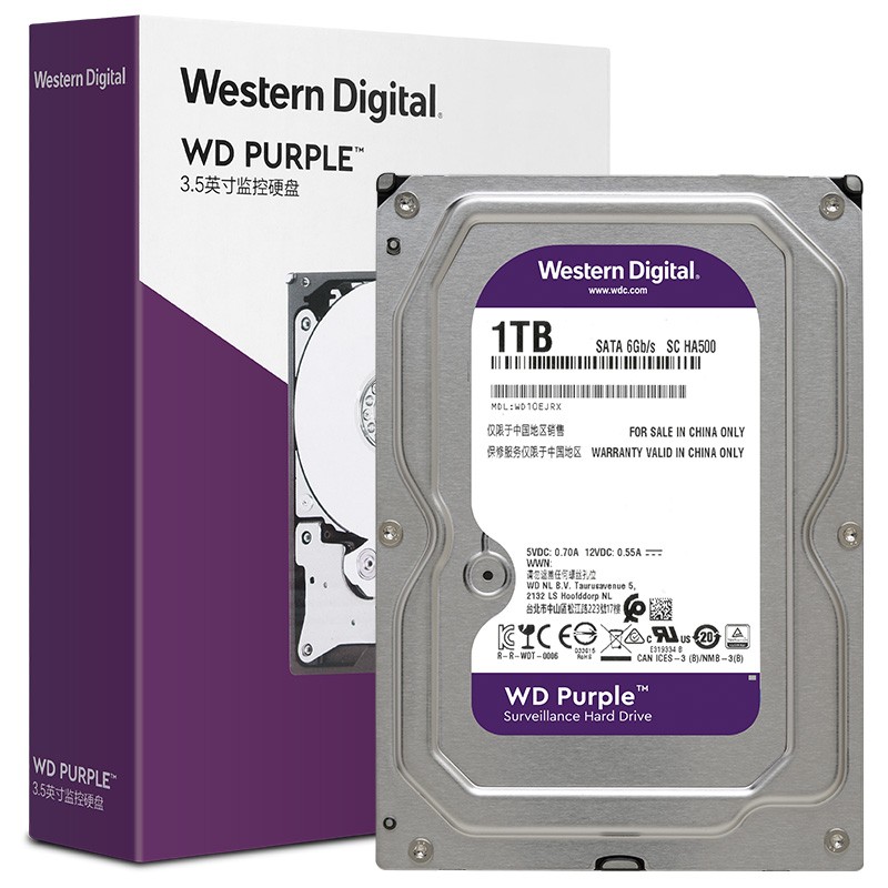 西部数据(WD)紫盘 1TB SATA6Gb/s 64M 监控硬盘(WD10EJRX)（企