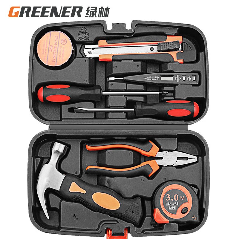 绿林（GREENER） 家用工具箱套装 五金工具套装多功能家庭电工木工维修工具组合 实用工具9件套