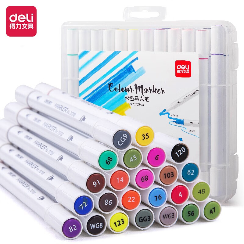 得力(deli)24色双头细杆马克笔套装 学生水彩笔双头绘画彩笔手绘漫画笔设计绘画记号笔 