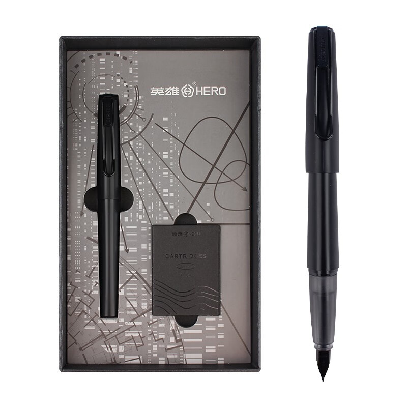 英雄（HERO）钢笔礼盒 H1219铱金笔探索者系列 黑色黑夹 学习用品墨囊墨水两用书法练字硬笔