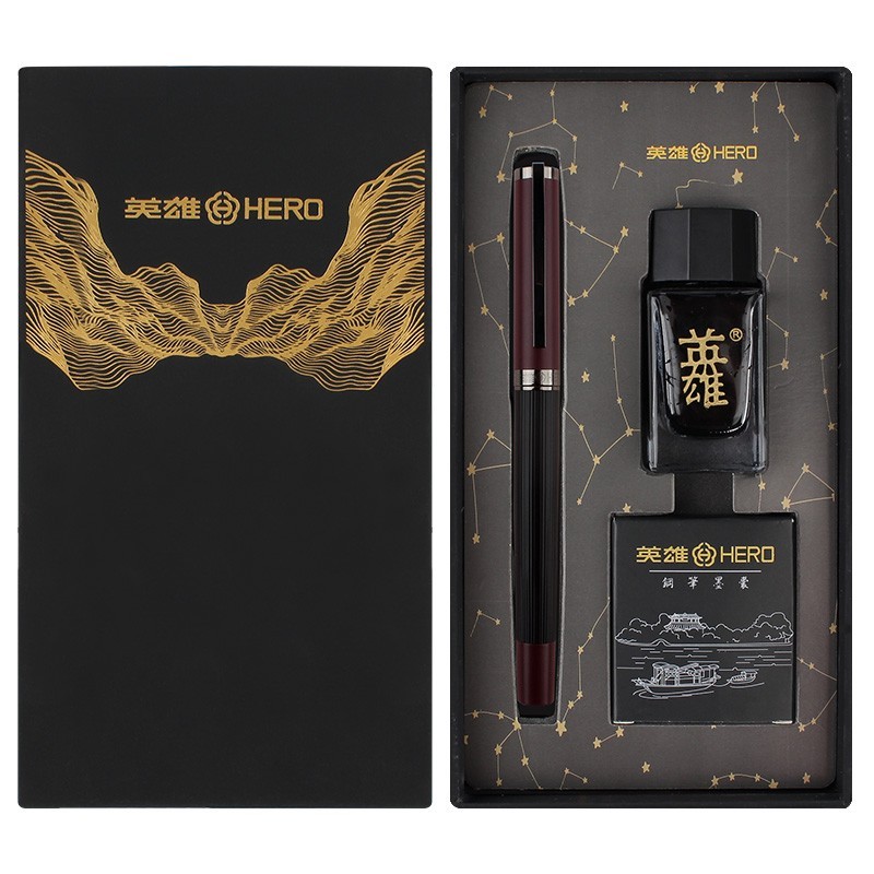 英雄（HERO）钢笔6192 黑紫 男女商务个性办公签字笔钢笔礼盒墨水套装